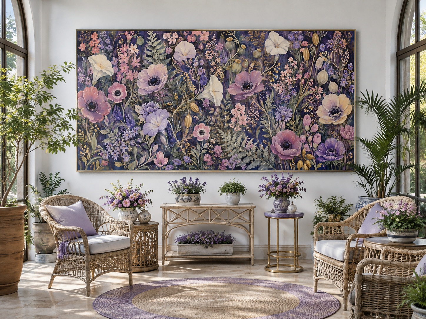Romantic Vintage Floral Oil Painting With Deep Purple Background And Textured Wildflowers For Elegant Home Decor