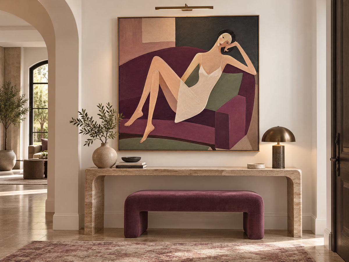 Minimalist Retro Style Canvas Art Textured Painting Of Lady Relaxing On Sofa Original