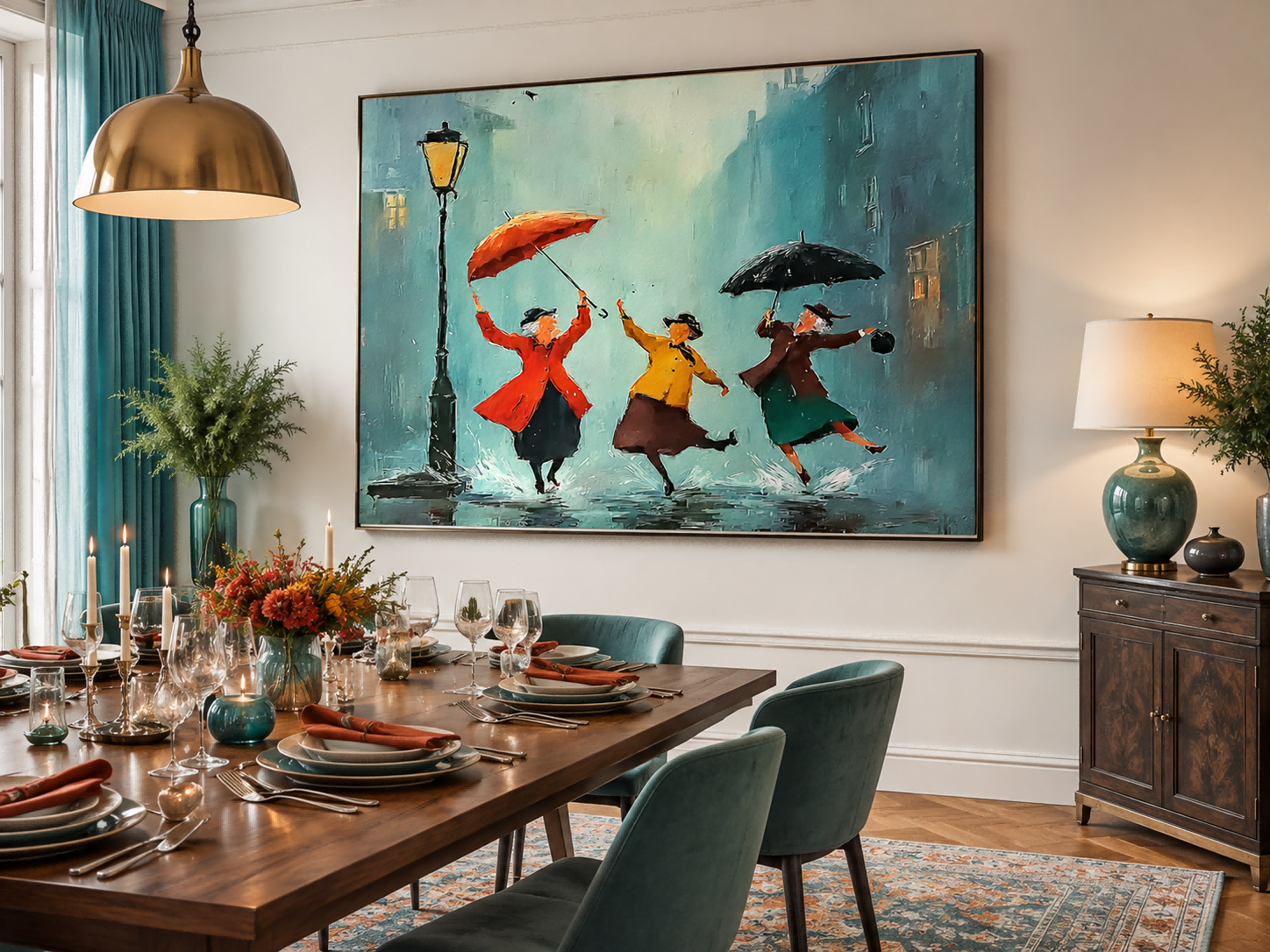 Vintage Style Oil Painting Depicting Friendship In City Rain With Umbrellas And Reflections For Lounge Wall Decor