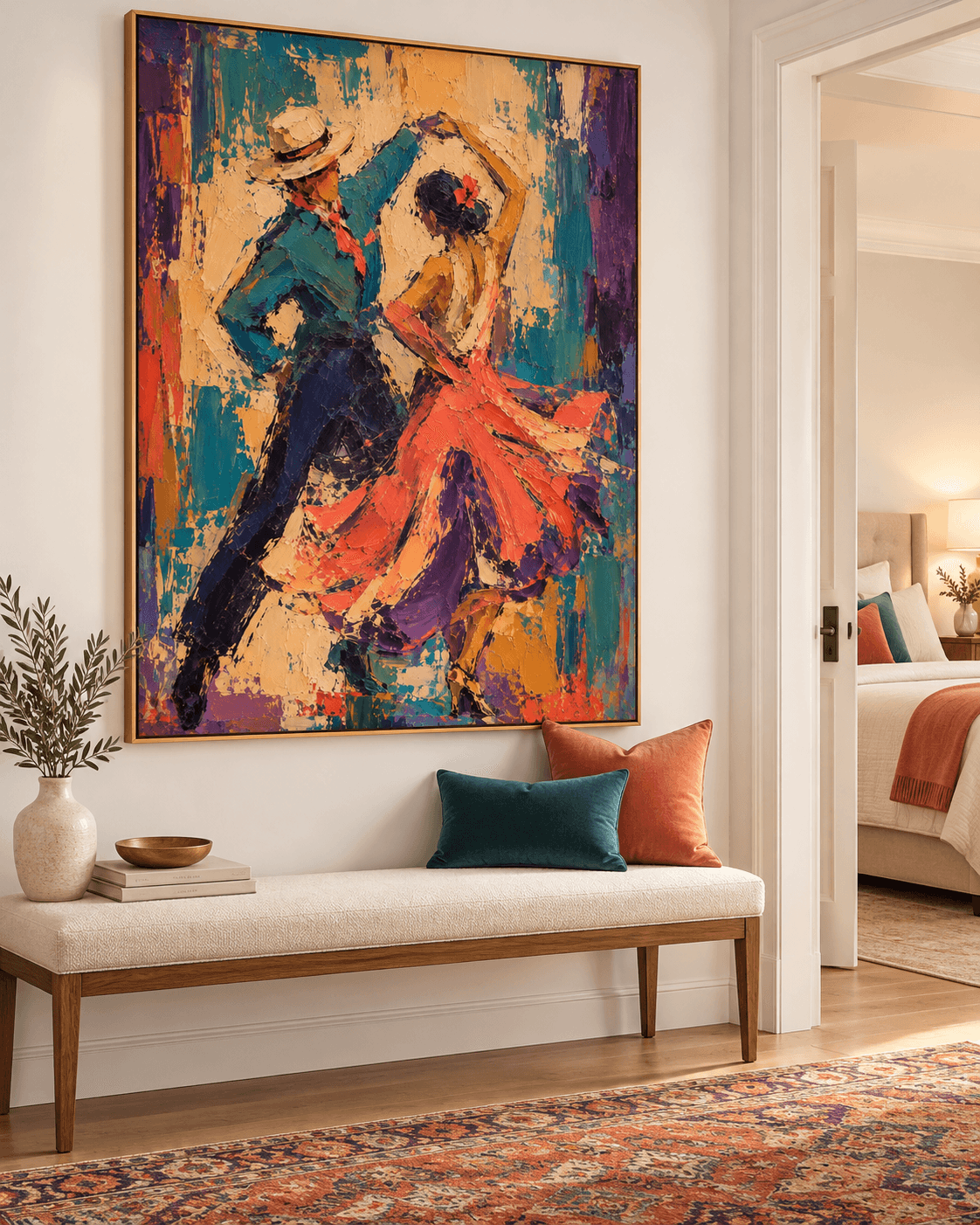 Hand-Painted Tango Dancers Canvas Art With Rich Texture And Warm Red Tones