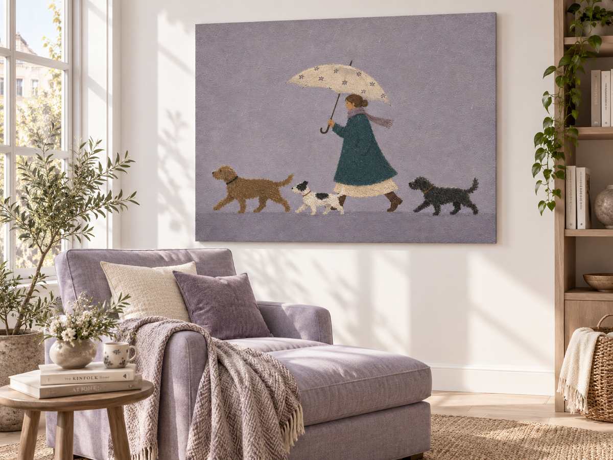 Woman Walking Dogs In Rain Hand-Painted Canvas Art With Umbrella