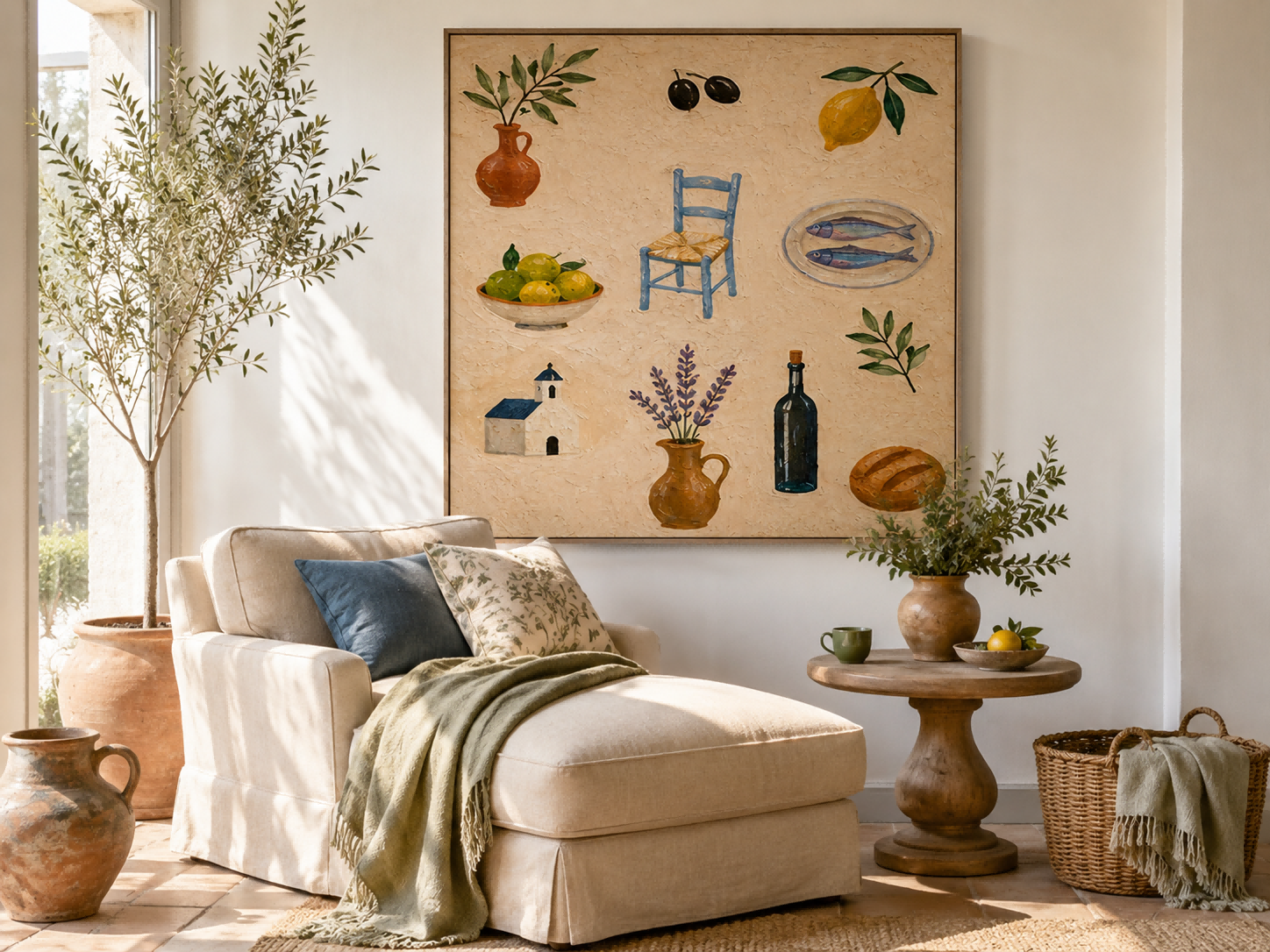 Greek Island Style Living Room Art Blue Chair And Lavender Square Painting