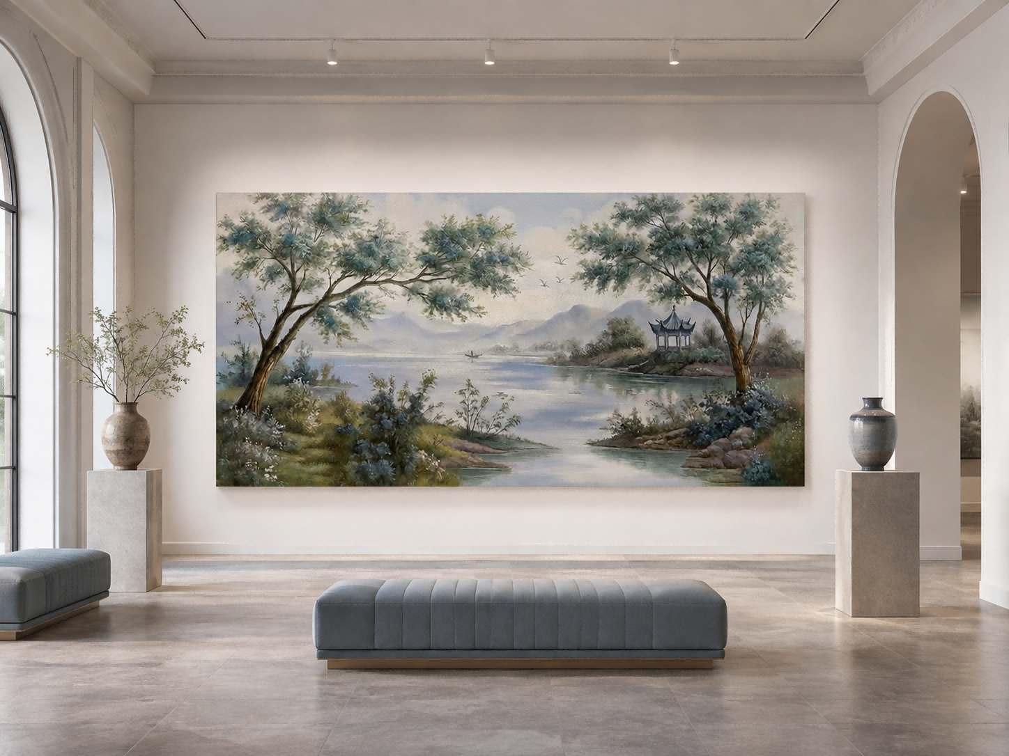 Serene River View Canvas Art With Mountains And Trees For Modern Home