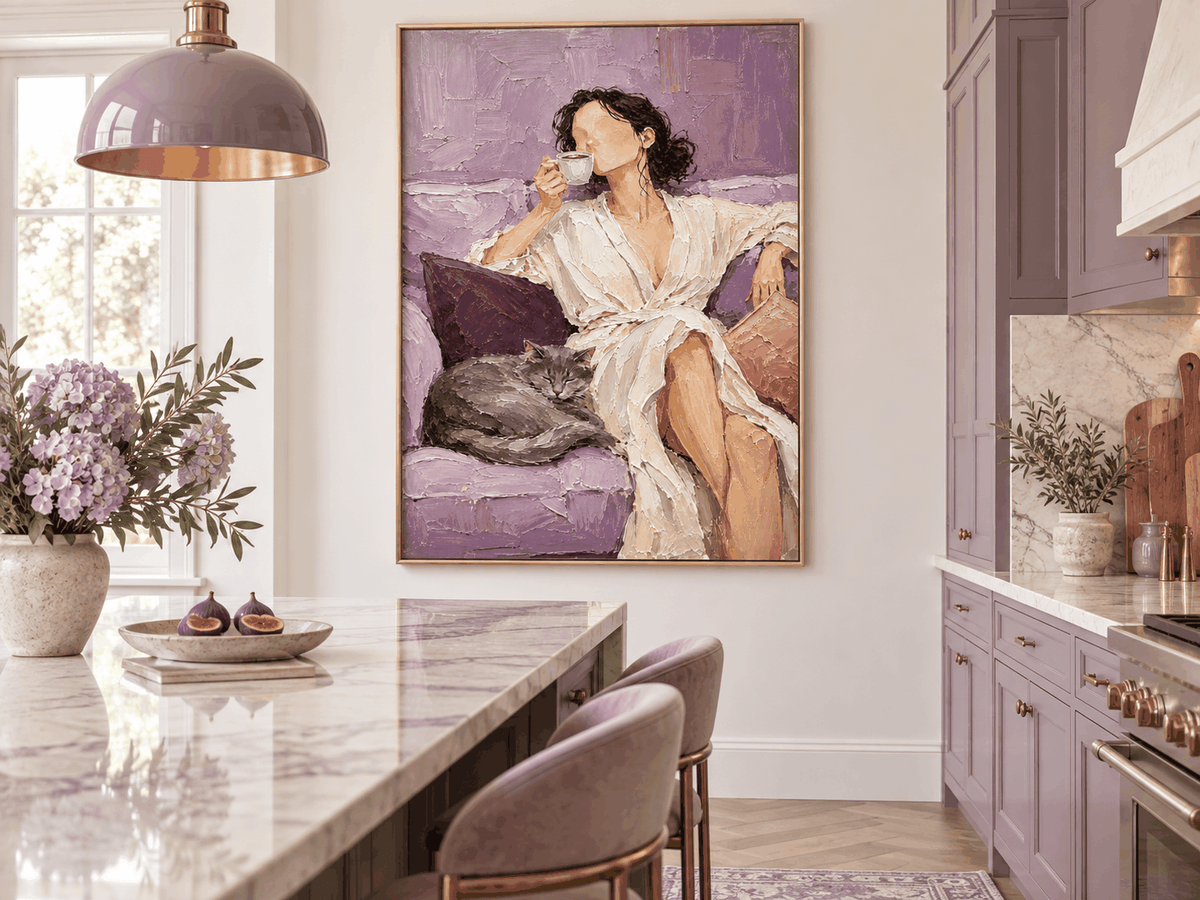 Impressionist Textured Art Vintage Style Purple Canvas Painting Woman With Cat Coffee Hand-Painted Canvas Art
