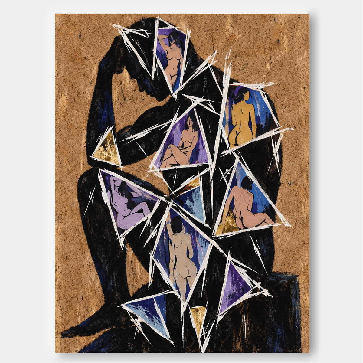 Abstract Thinker Figure Cubist Hand-Painted Canvas Art With Gold Leaf Accents