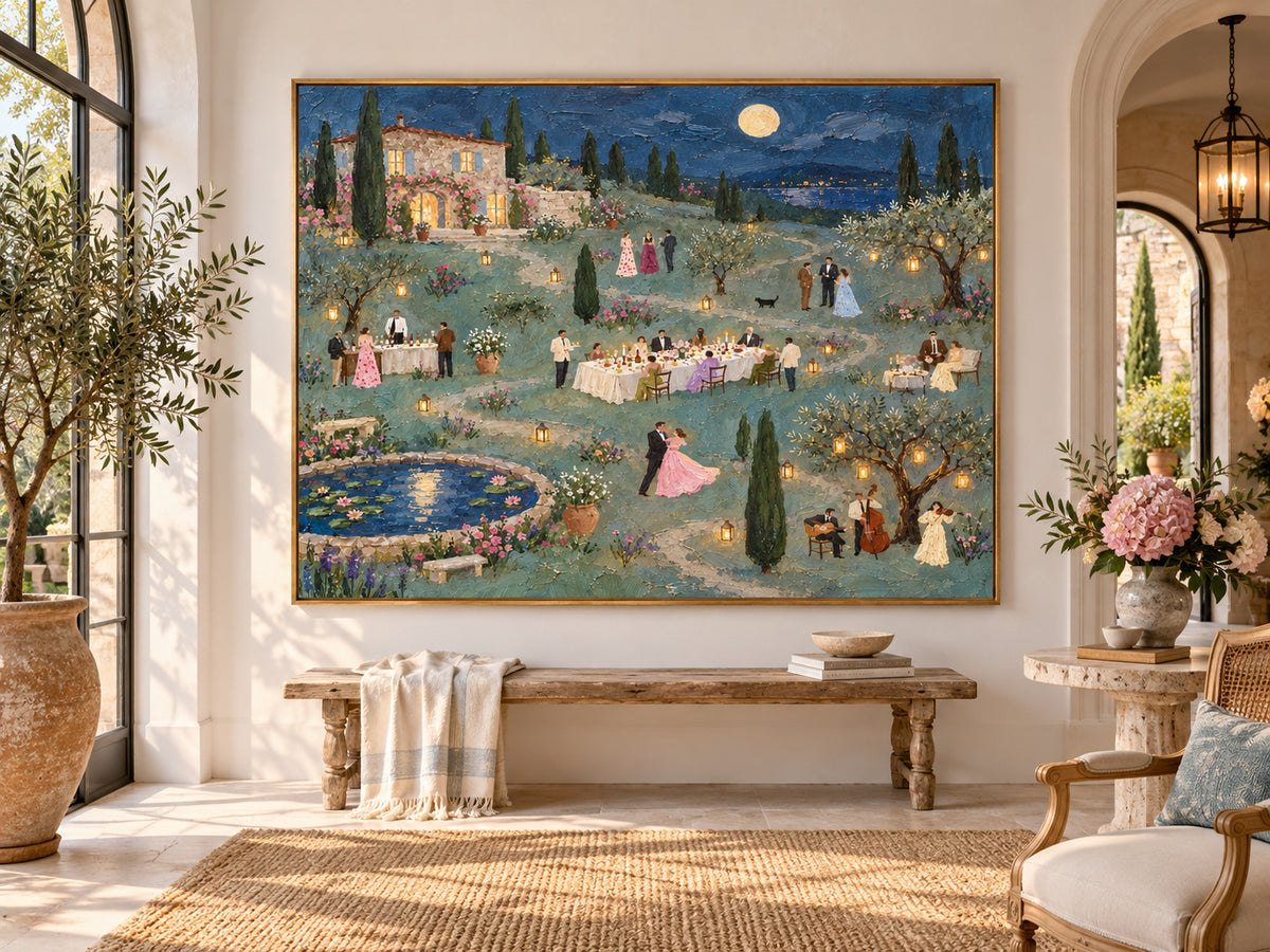 Tuscan Villa Dinner Party Hand-Painted Canvas Wall Art With Moonlight And Garden