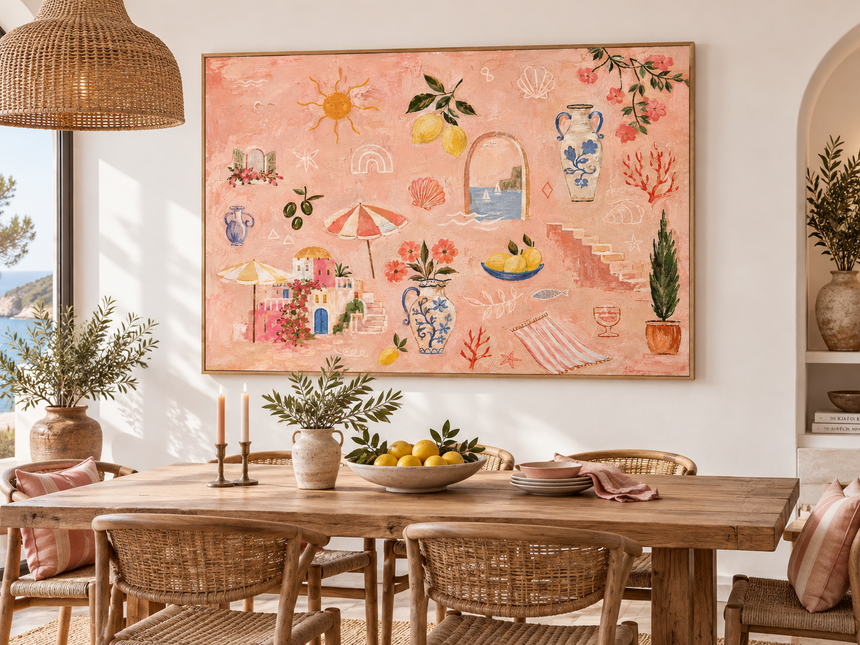 Modern Abstract Pink Orange Painting Romantic Summer Vibe Art