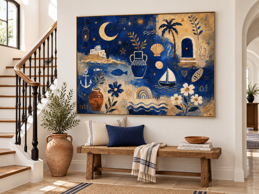 Abstract Modern Vintage Style Painting With Geometric Sea Motifs