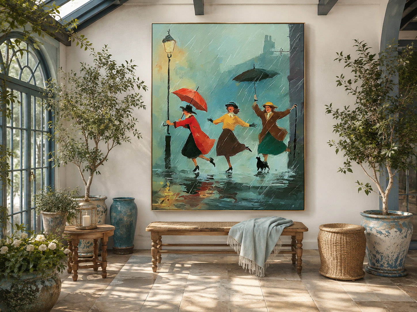 Impressionist Rainy Street Scene Painting With Three Women Under Umbrellas Vintage Wall Art