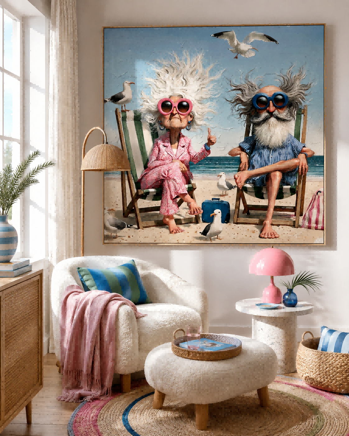 Humorous Beach Couple Painting For Living Room Decor With Ocean Vibes And Playful Style