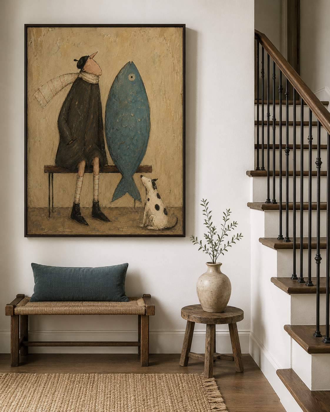 Whimsical Vintage Canvas Painting Of Man And Giant Fish Original Art