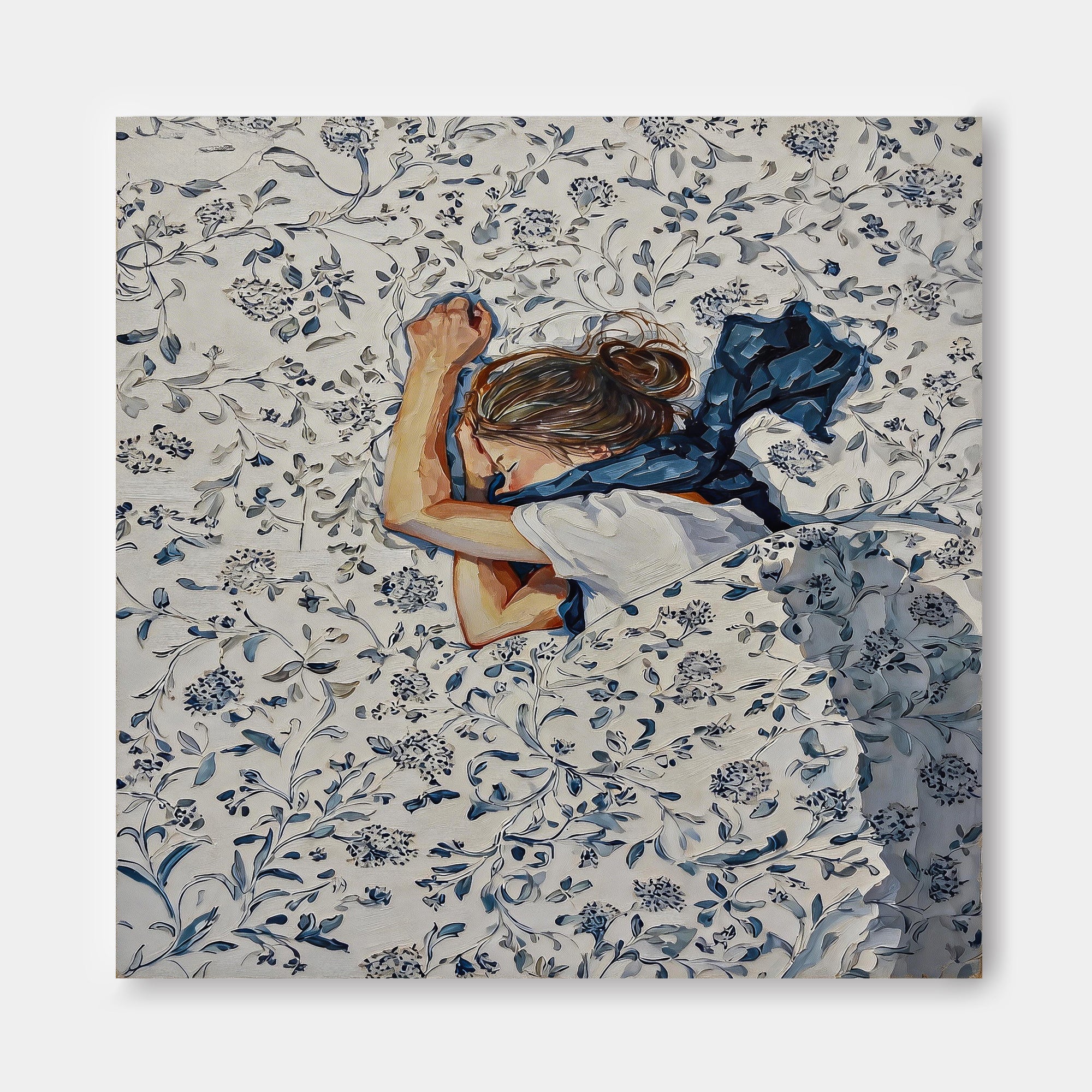 Healing Blue Floral Oil Painting Of Sleeping Girl For Bedroom Wall Art Decor