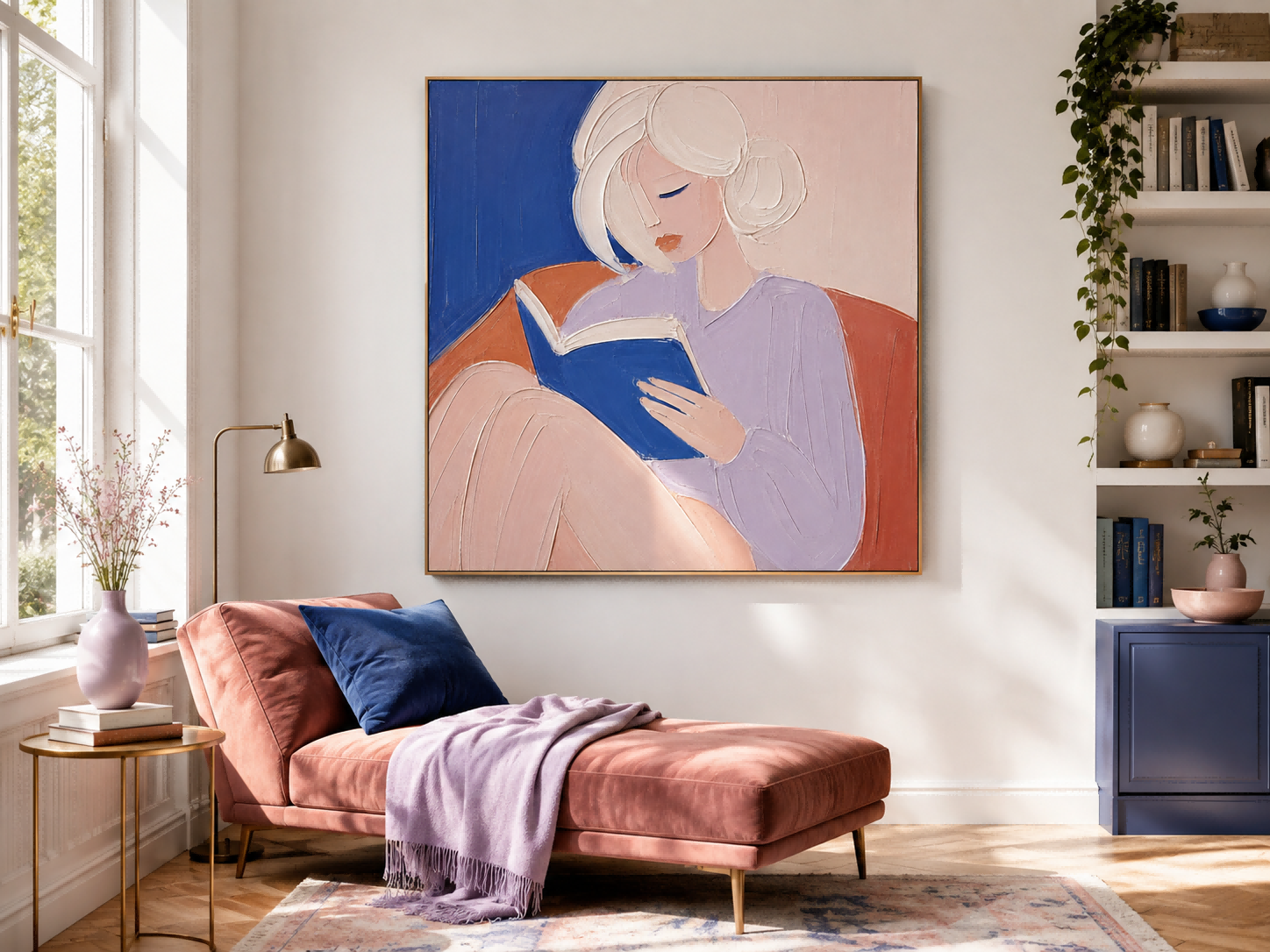 Modern Minimalist Abstract Art Painting Of Woman Reading In Blue And Purple Tones For Living Room Decor