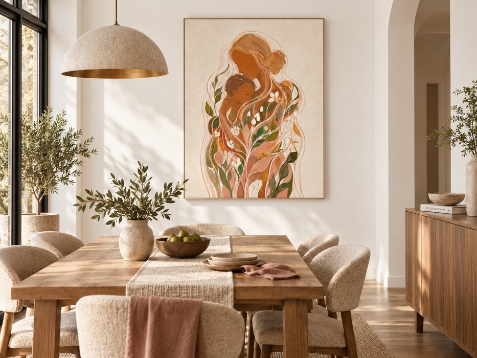 Bohemian Minimalist Abstract Painting Of Maternal Love And Nature
