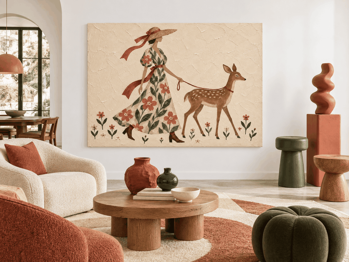 Lady With Deer Floral Hand-Painted Canvas Art In Warm Beige Tones