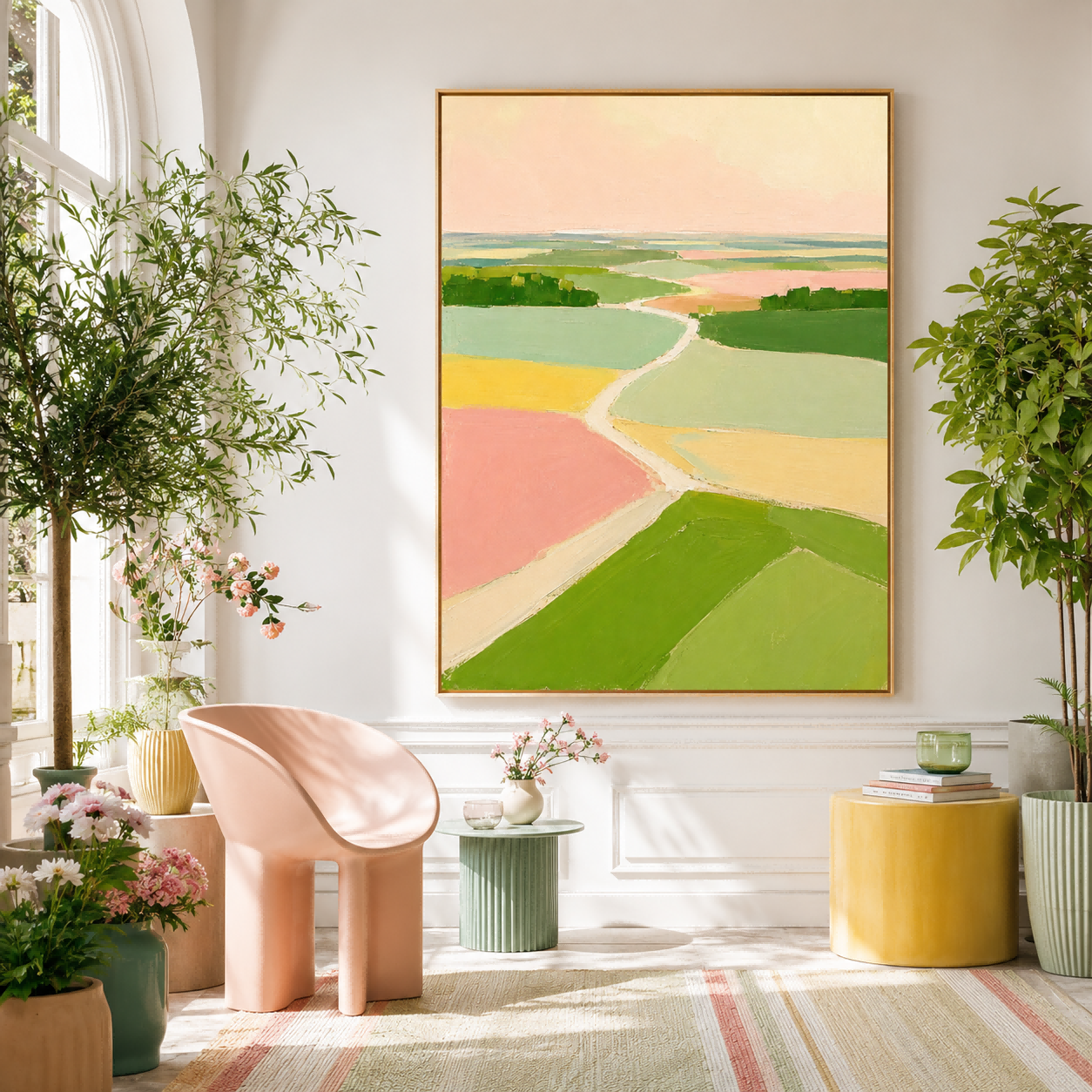 Minimalist Green And Pink Landscape Art For A Serene Bedroom Or Lounge