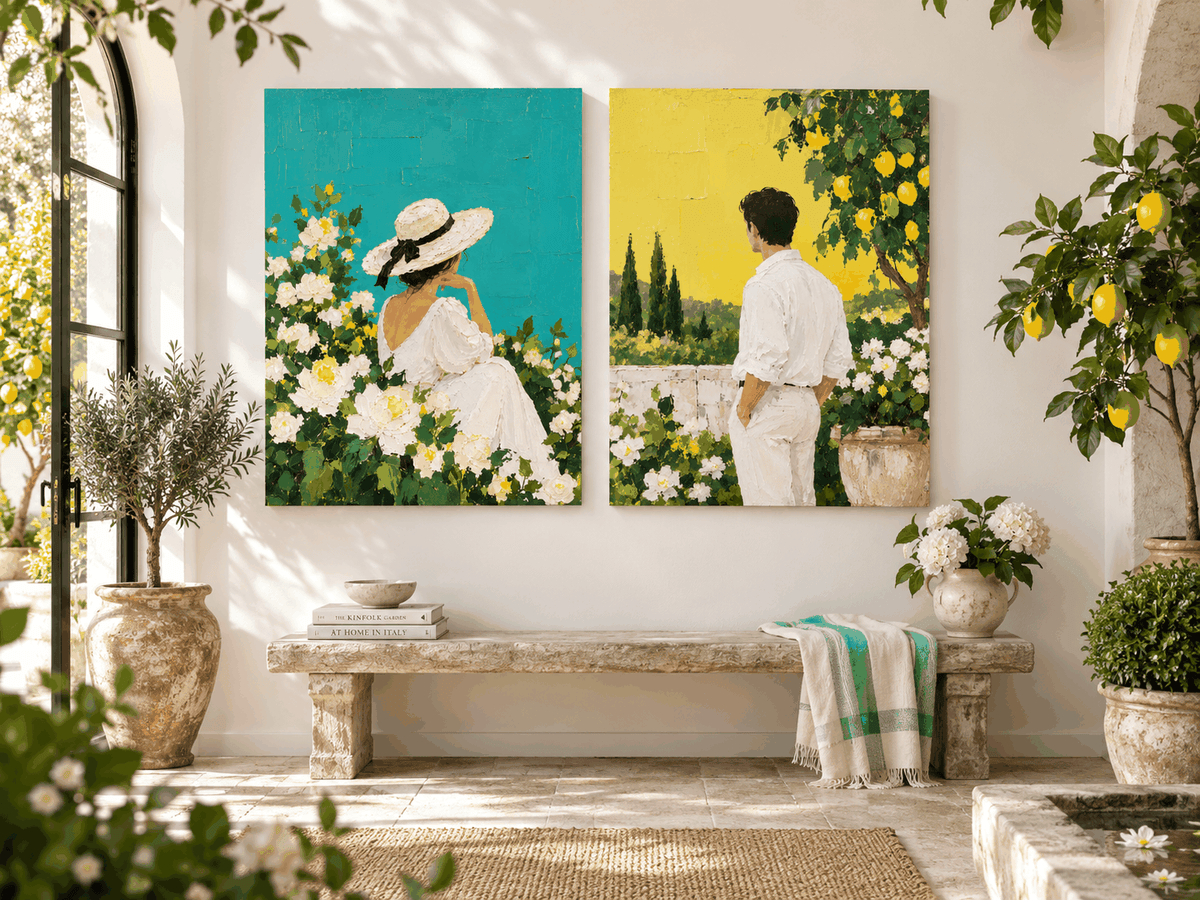 Hand-Painted Couple In Garden Canvas Art With Lemon Trees And Roses