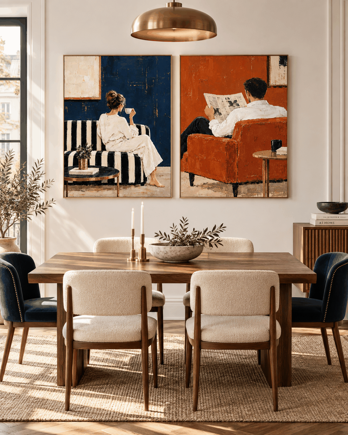 Textured Modern Art Diptych Original Handmade Canvas Painting In Blue And Terracotta Couple Wall Art