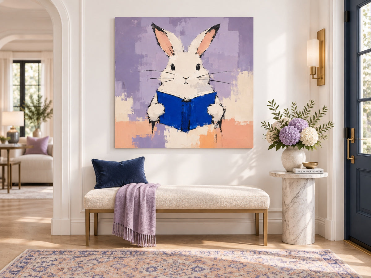 Textured Minimalist Canvas Painting Of Bunny With Book In Modern Style