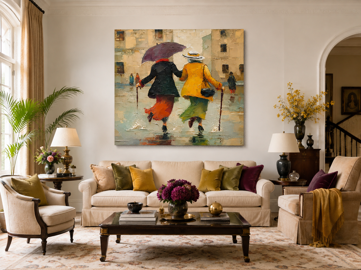 Vintage Style Canvas Art Depicting Joyful Friendship And Rainy Day City Life Square Wall Decor
