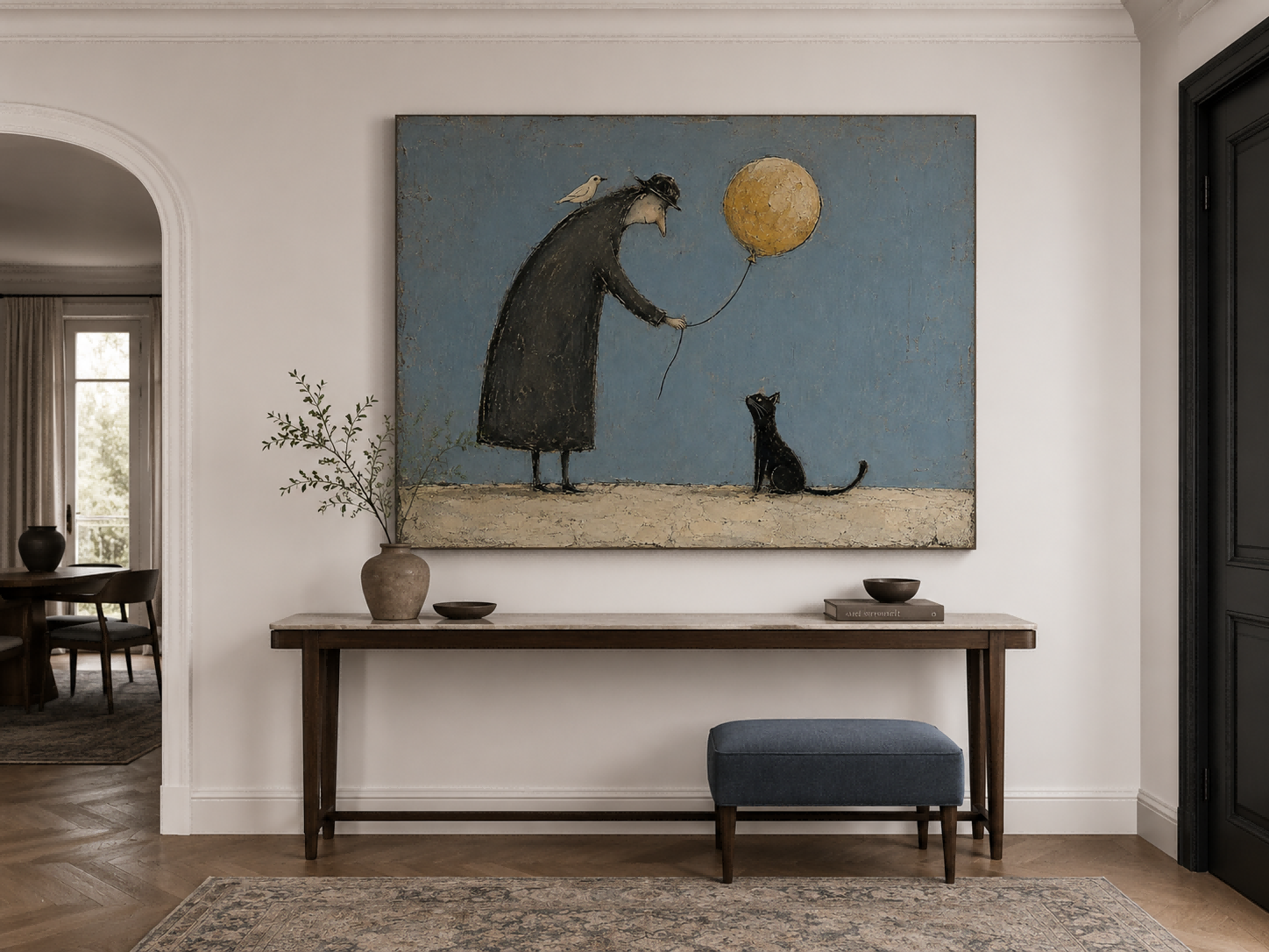 Healing Vintage Illustration Canvas Art Golden Blue Tones Whimsical Living Room Wall Art Modern Vintage Animal Painting