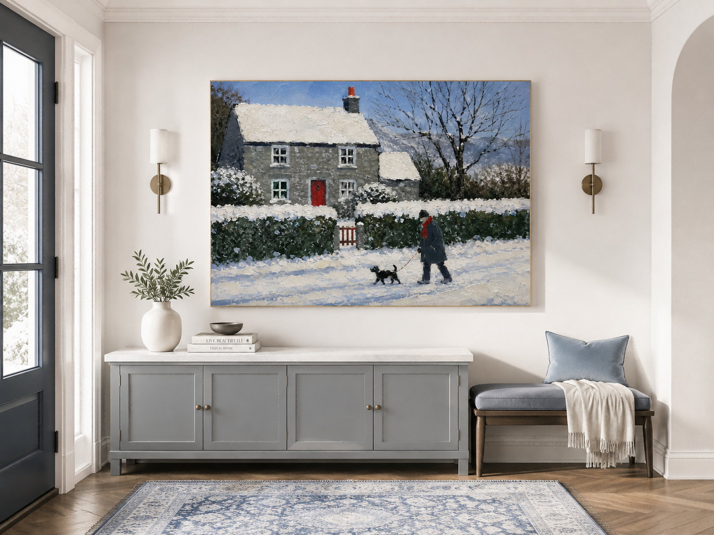 Traditional Realist Snowy Village Painting With Textured Brushwork On Canvas