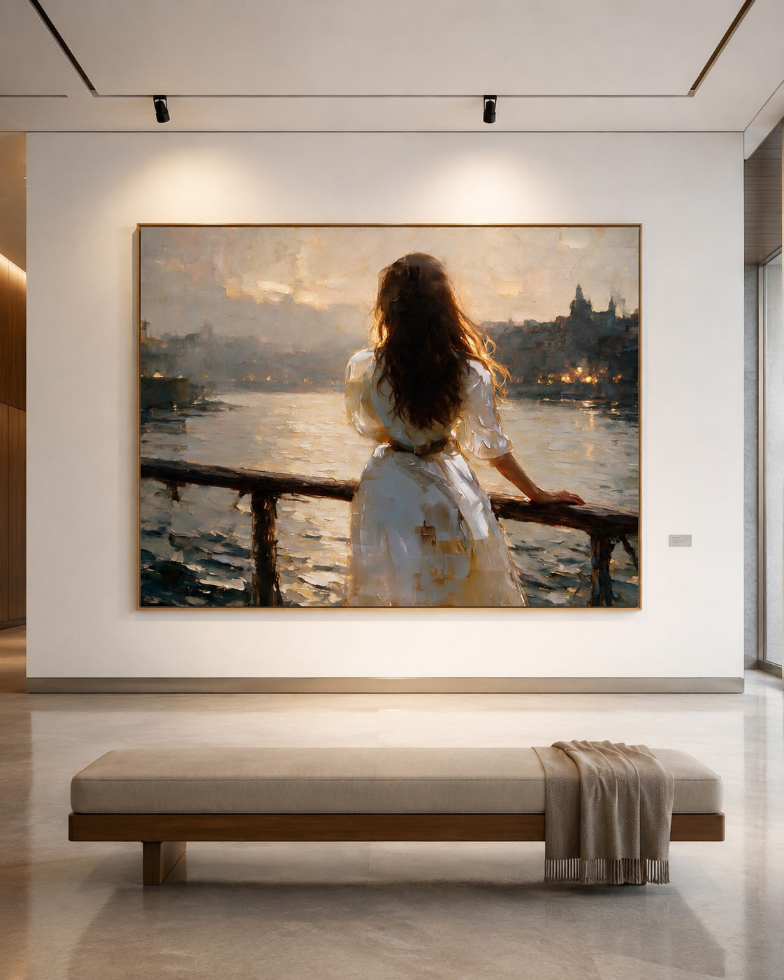 Impressionist Style Canvas Art Of Woman Gazing At City Lights By Water