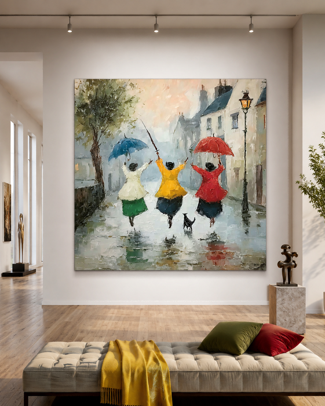 Impressionist Street Scene Oil Painting With Three Women In Rain For Modern Living Room Decor