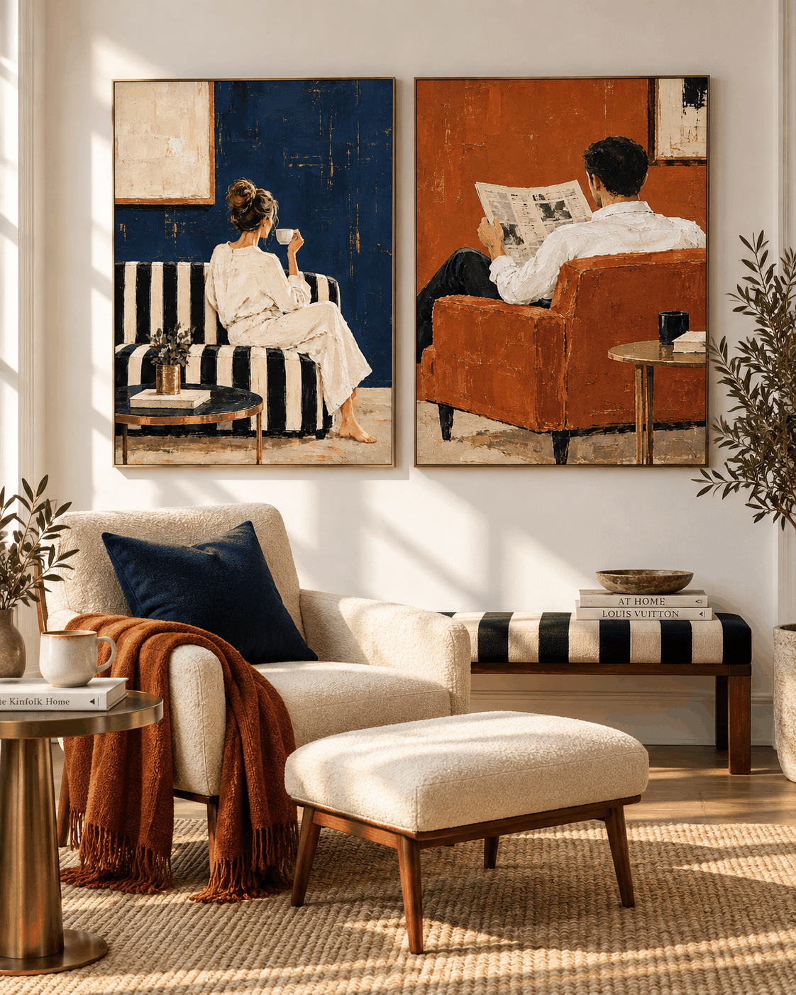 Textured Modern Art Diptych Original Handmade Canvas Painting In Blue And Terracotta Couple Wall Art