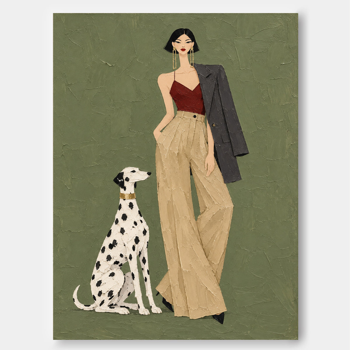 Hand-Painted Fashion Woman And Dalmatian Dog Canvas Art Vintage Modern Textured Painting