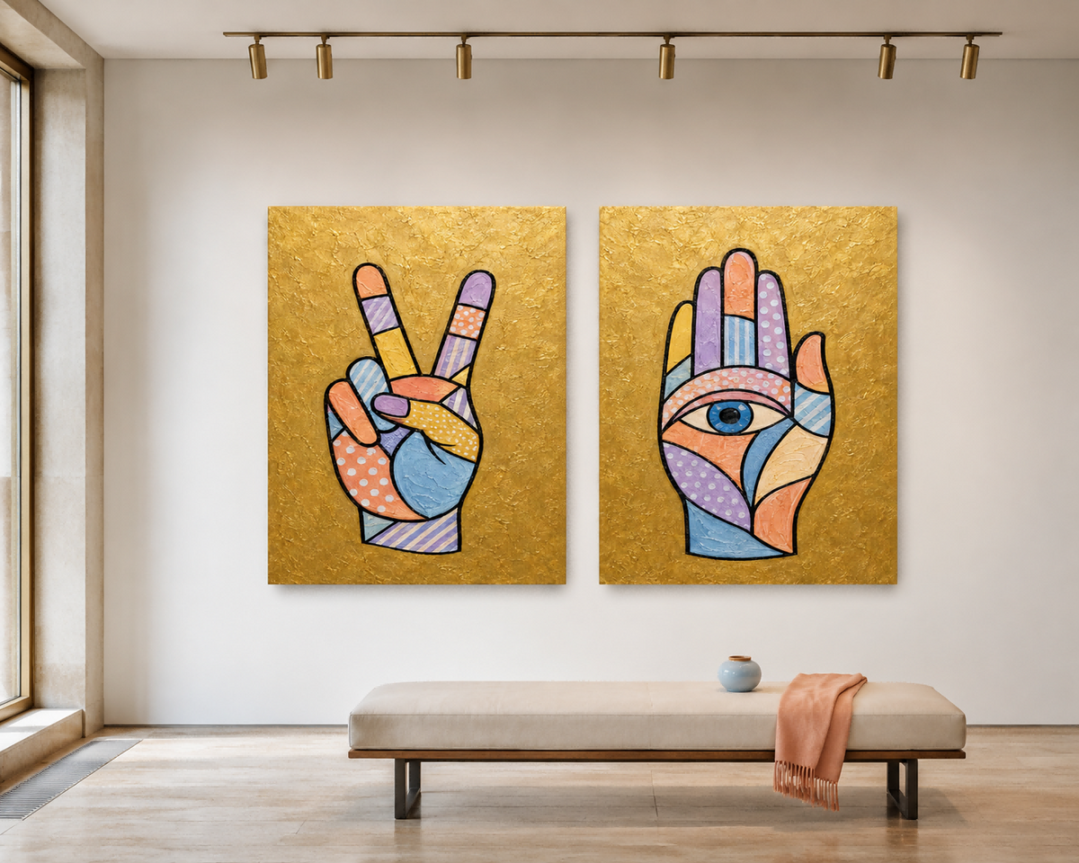 Hand-Painted Victory And Hamsa Hand Canvas Art Set With Gold Background Modern Gold Wall Art Decor For Living Room With Pop Art Style Hands