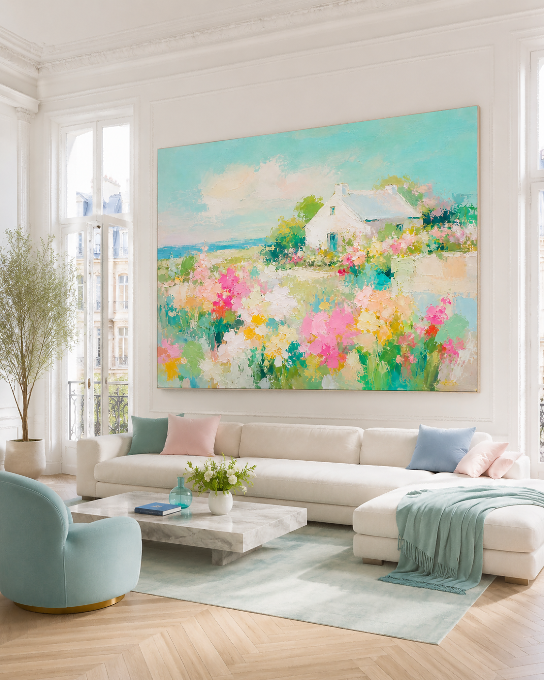 Modern Abstract Impasto Painting Of A Pastoral Seaside Scene