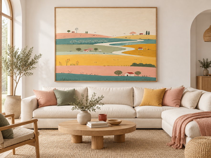 Modern Cream Style Canvas Painting With Whimsical Cottage And Path