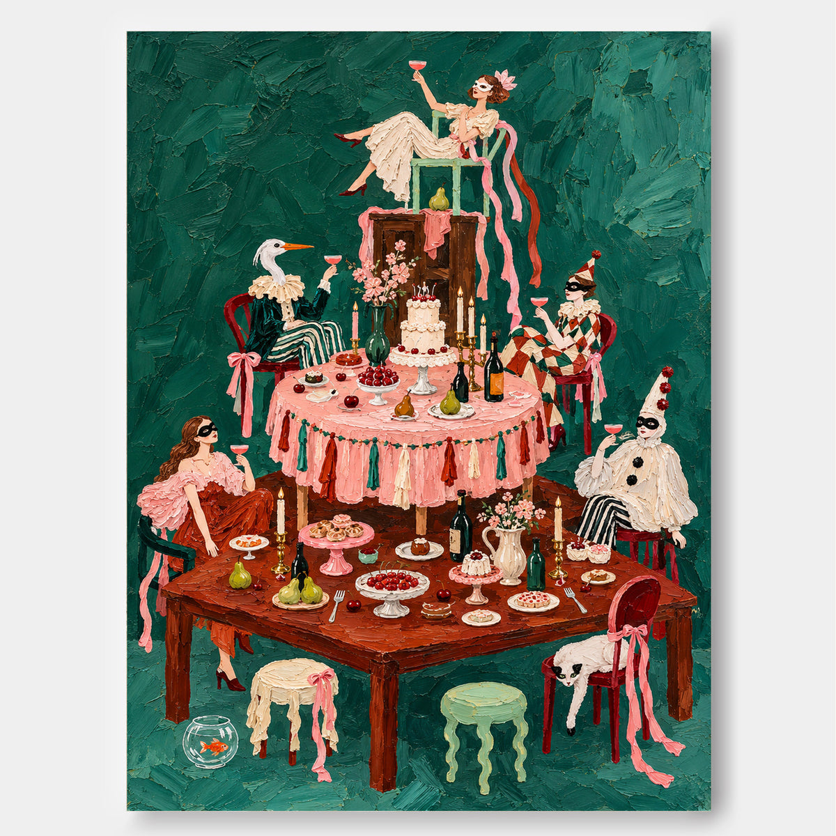 Surreal Masquerade Feast Hand-Painted Canvas Art With Green Background