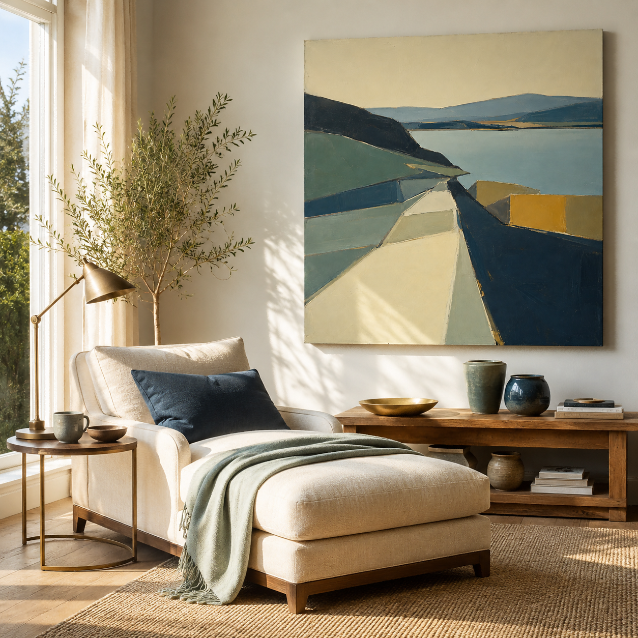 Modern Abstract Landscape Painting With Geometric Forms For Living Room Decor