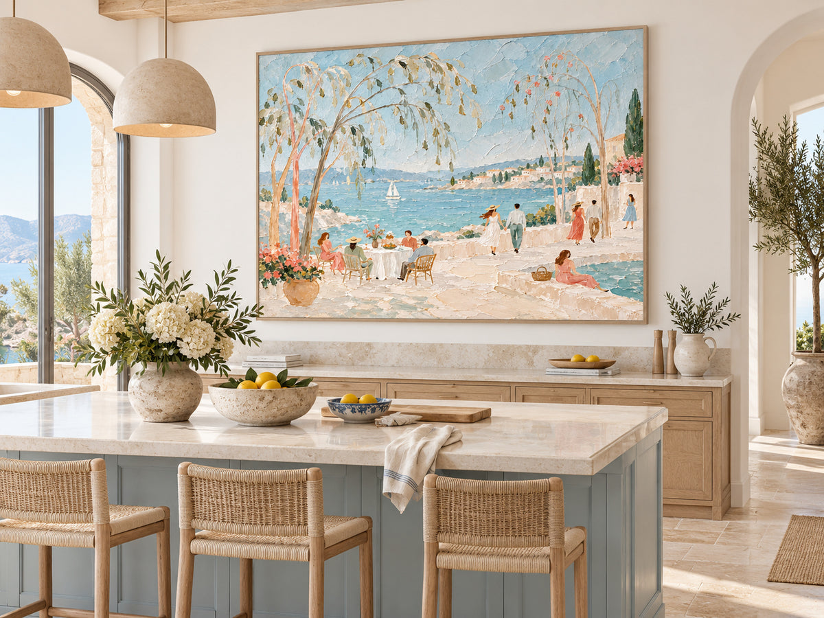 Hand-Painted Mediterranean Sea View With Sailboats And Terrace Gathering Canvas Art
