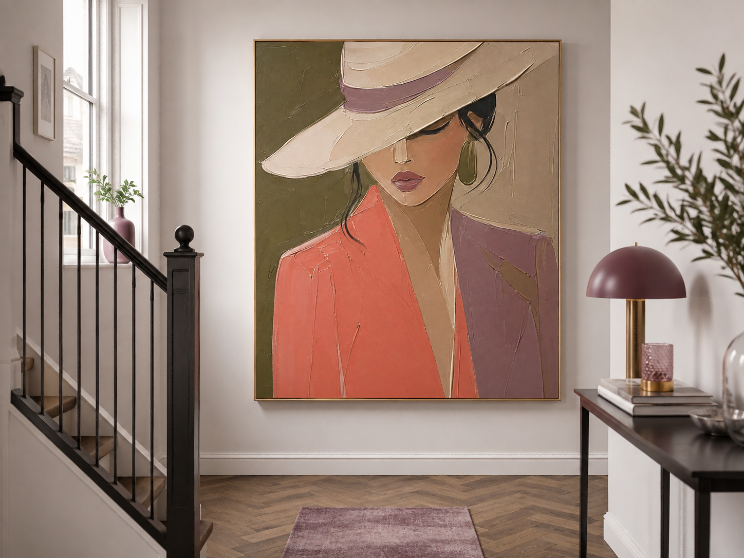 Modern Abstract Woman Portrait Painting With Hat Impasto Texture Square Canvas Art For Living Room