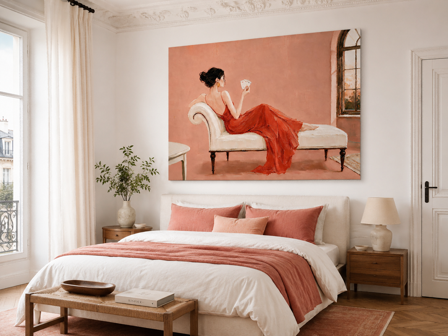 Elegant Woman In Red Dress Oil Painting For Bedroom Wall Art Decor