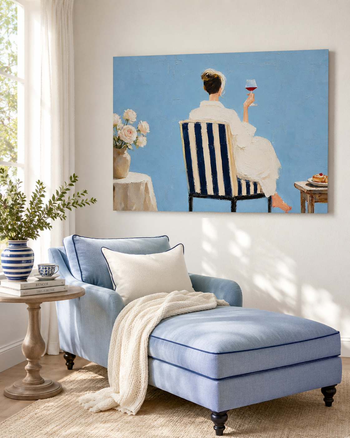 Impressionist Style Canvas Painting Blue And White Striped Chair Art