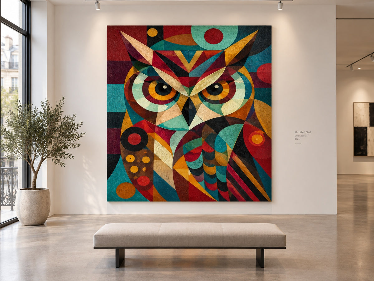 Vintage Cubism Inspired Owl Painting With Textured Geometric Patterns