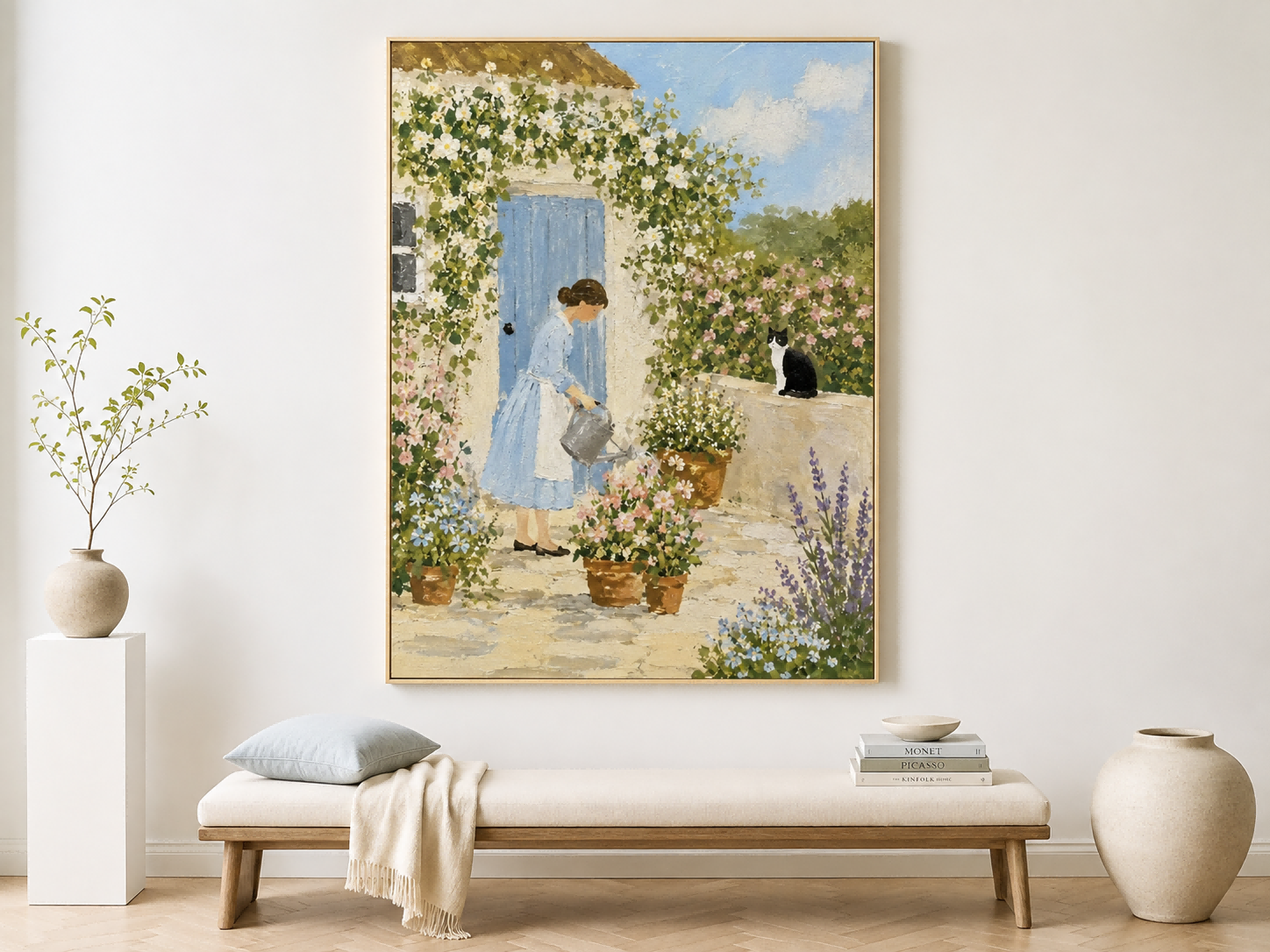 Woman Watering Flowers In Cottage Garden Hand-Painted Canvas Art