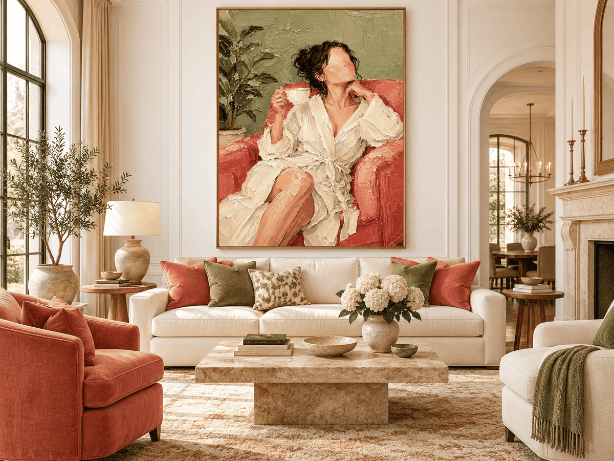 Textured Impressionist Style Wall Art Vintage Beige And Pink Oil Painting Effect