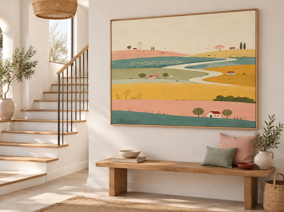 Modern Cream Style Canvas Painting With Whimsical Cottage And Path