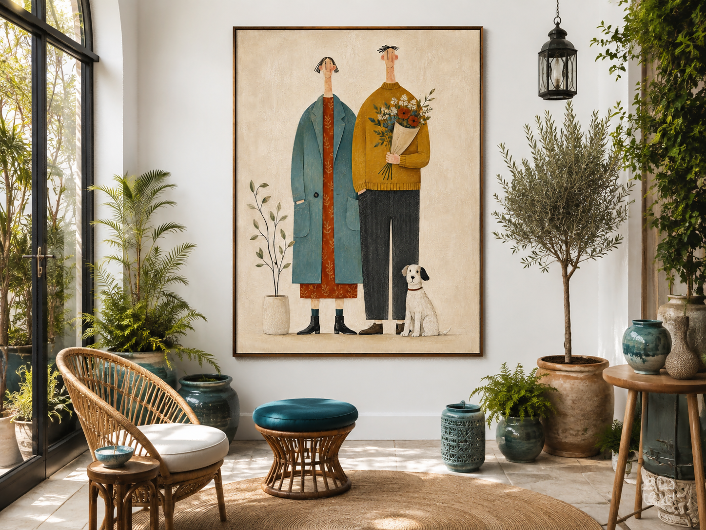 Charming Naive Art Couple Portrait With Dog For Modern Vintage Home Decor