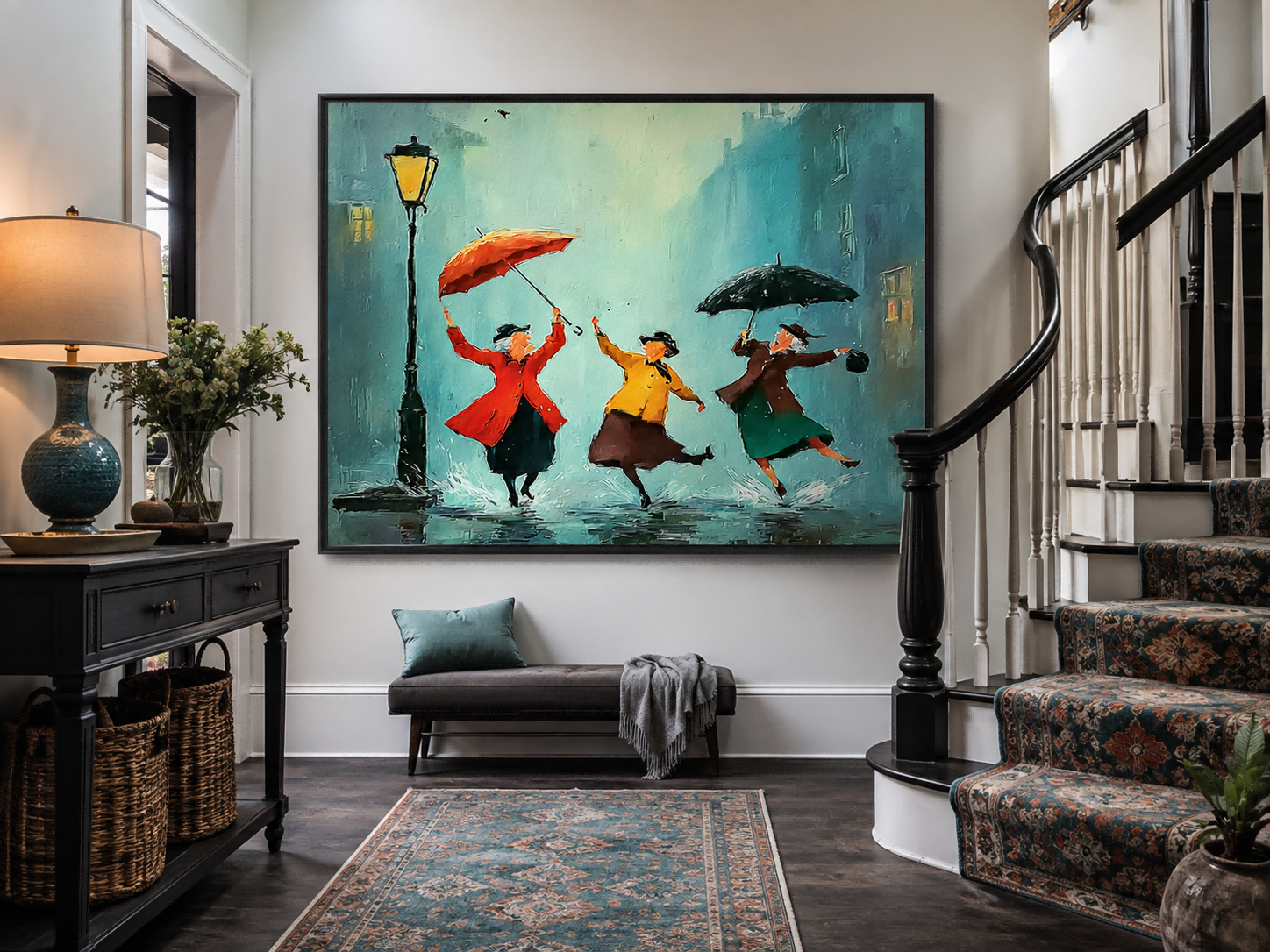 Vintage Style Oil Painting Depicting Friendship In City Rain With Umbrellas And Reflections For Lounge Wall Decor