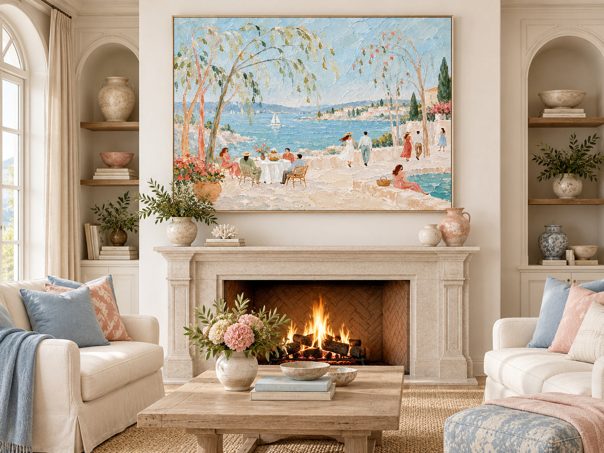 Hand-Painted Mediterranean Sea View With Sailboats And Terrace Gathering Canvas Art