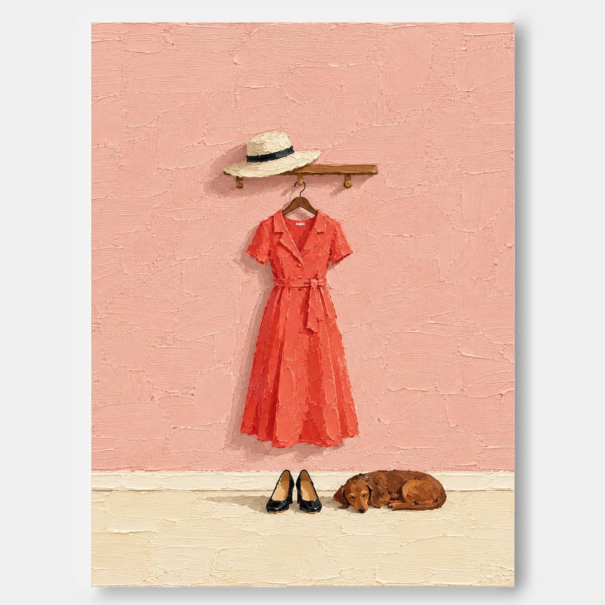 Red Dress And Dachshund Hand-Painted Canvas Art With Textured Pink Wall