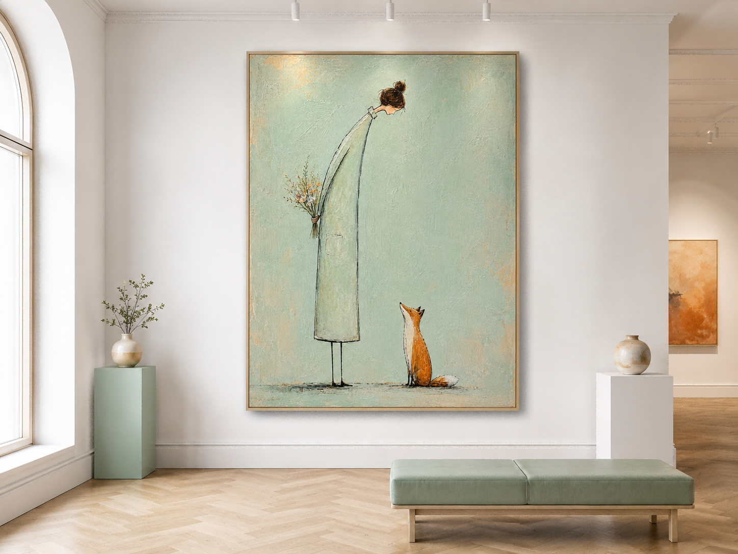 Naive Art Painting Of Woman And Fox With Flowers In Modern Minimalist Style For Living Room Decor