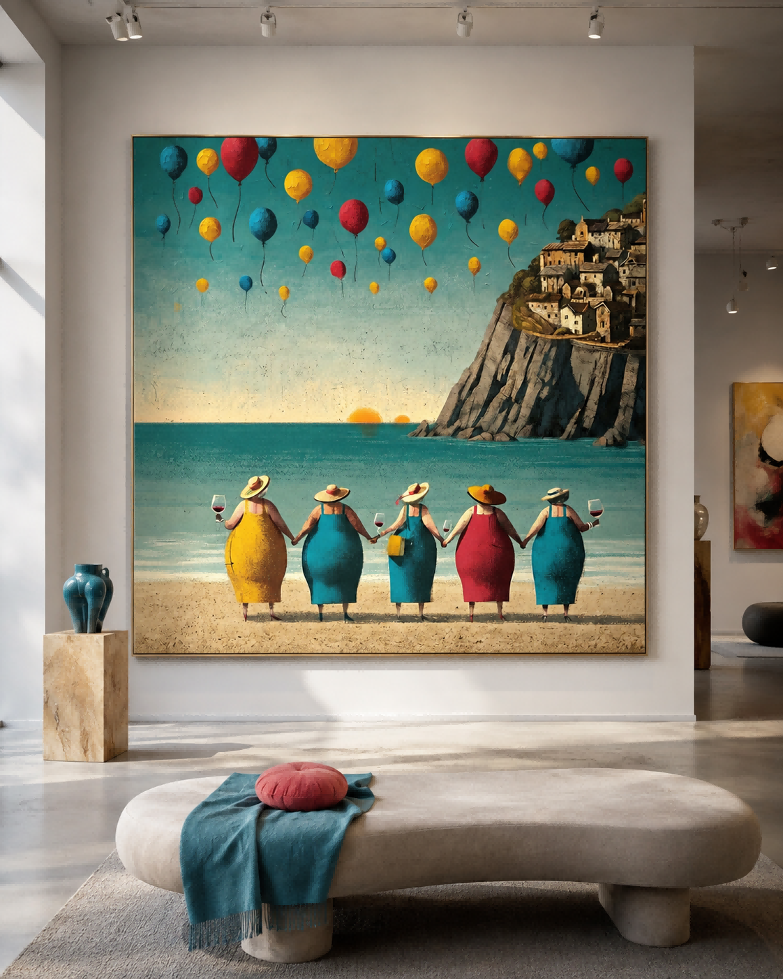 Vibrant Colorful Square Canvas Art Of Coastal Sunset And Friends