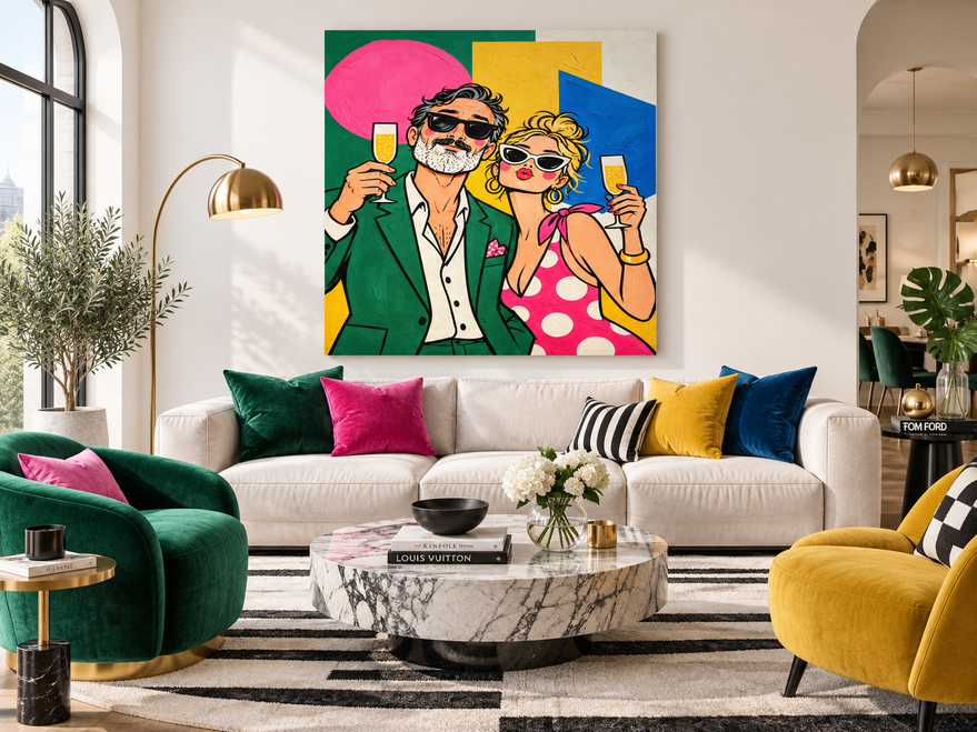 Stylish Couple Pop Art Canvas Painting With Champagne Glasses In Pink And Green